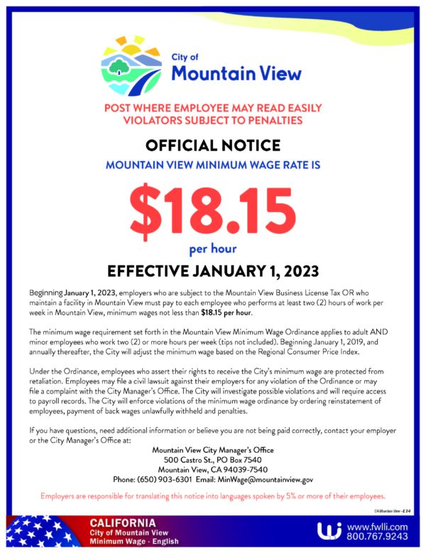 California Mountain View Minimum Wage Federal Wage